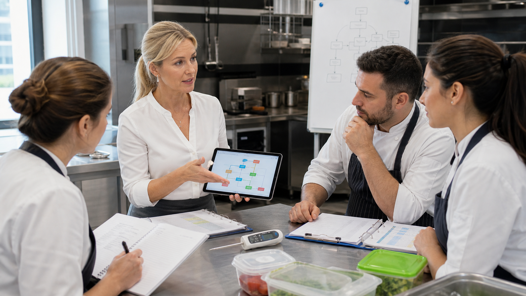 Formatrice blonde animant une formation HACCP