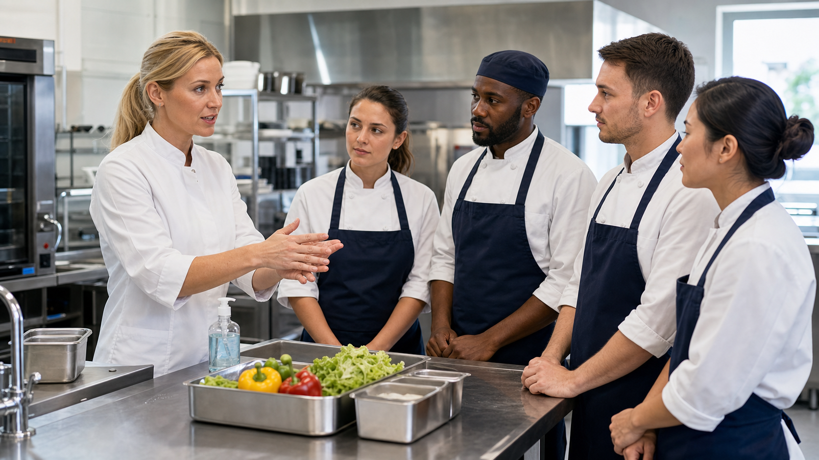 Formatrice blonde animant une formation hygiène alimentaire